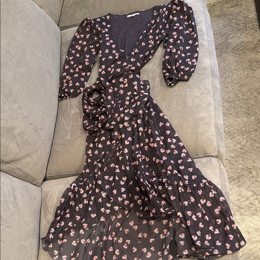 Ganni Flowy Hi Lo Navy Wrap Dress With Pink Flowers